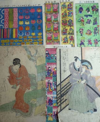 JAPON-XIXe siècle Ensemble d'estampes et pages d'album par différents artistes, dont...