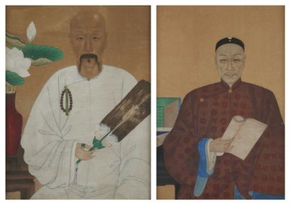 CHINE-XIXe siècle Deux portraits des lettrés chinois assis, encre et couleurs sur...