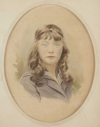 École de la fin du XIXe siècle "Portrait de jeune fille au bandeau en habit de marin"...