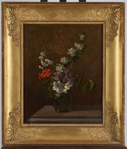 Attribué à Augustine VERVLOET (1806 - ?) Bouquet de fleurs dans un verre sur un entablement...