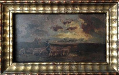 ECOLE DE BARBIZON, XIXe siècle Paysage au coucher de soleil Huile sur panneau 11...