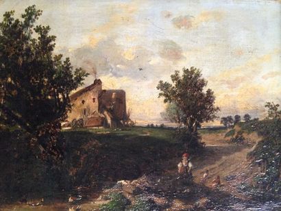 École Française du XIXe siècle Paysage au bord du chemin Huile sur toile 24 x 32...