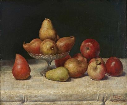 F.BRUN (1867-1963) Nature morte à la coupe, aux pommes et poires. Huile sur toile...