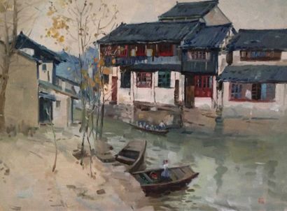 WANG RENJIE Vue d'une ville du sud de la Chine Huile sur toile, cachet en bas à droite...