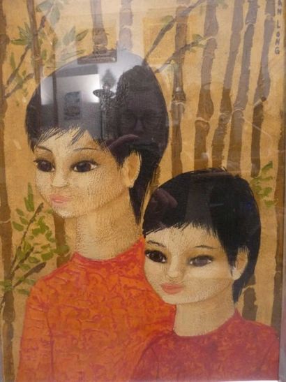 TRAN Long "Jeunes filles au bambous" Technique mixte sur carton, signé en haut à...