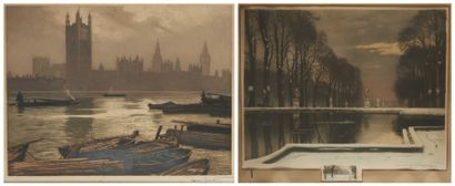 Henri JOURDAIN (1864-1931) Vue de Londres, Vue d'une fontaine sous la neige. Deux...