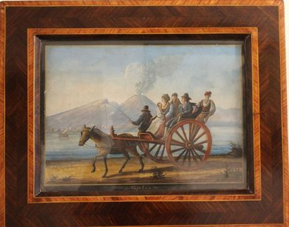 Ecole Napolitaine "Personnages sur une charrette" Gouache sur papier. 27 x 37 cm...