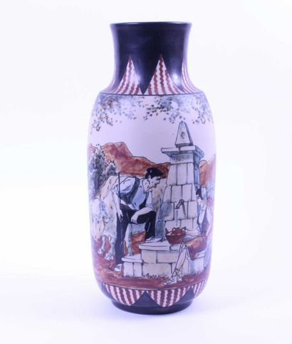 R. BERNE & CIBOURE (Manufacture de) Vase balustre en grès à décor polychrome d'un...
