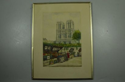 null ENSEMBLE de six pièces encadrées dont: Vue de Notre Dame de Paris, Scène Galante,...