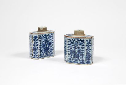 CHINE Deux boites à thé rectangulaires en porcelaine à décor en bleu sous couverte...