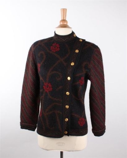UNGARO Gilet en lainage noir à motif végétal marron, rouge, col droit, simple boutonnage...