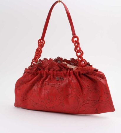 Emmanuel UNGARO Sac 38cm en cuir perforé rouge à motif floral, fermeture aimantée,...