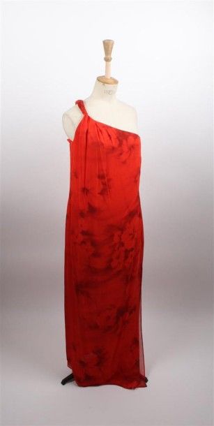 Geroges RECH Robe longue en crêpe viscose rouge imprimé à motif floral, décolleté...