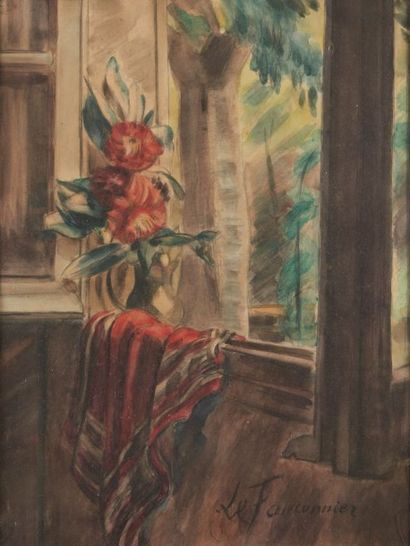 Henri Victor LE FAUCONNIER (1881-1946) 
Bouquet de fleurs près d'une fenêtre
Aquarelle,...