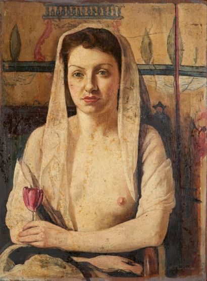 Jean-Hyppolite TAVERNIER (1884- ?) 
Femme à la tulipe
Huile sur panneau, signée en...