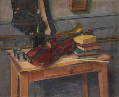 Jean-Hyppolite TAVERNIER (1884- ?)Attribué à 
Nature morte au violon
Huile sur toile,...