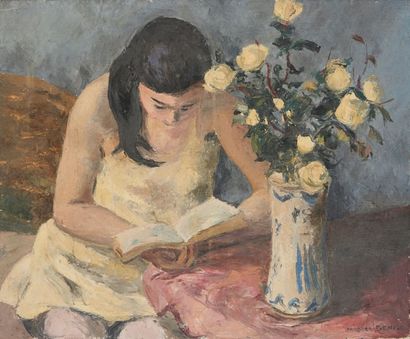 Jacques DENIER (1894-1983) 
Jeune fille au livre et au bouquet
Huile sur toile, signée...