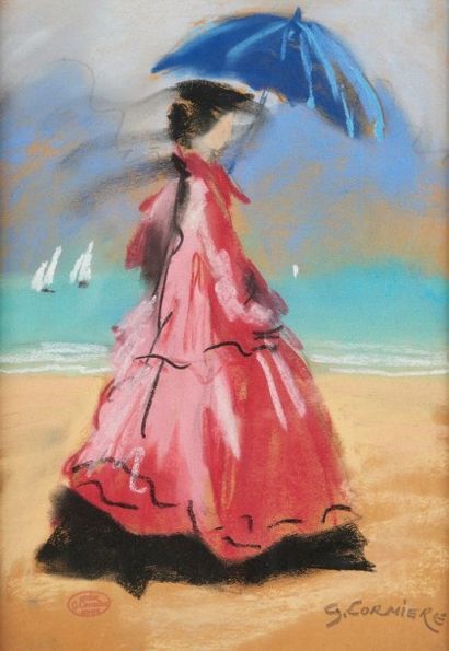 Gaston CORMIÈRE (1858-1943) 
Élégante à la plage
Pastel sur papier, signé en bas...