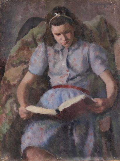 Patricia Preece (1900-1971) 
Child reading
Huile sur toile, signée et titrée au dos.
61...