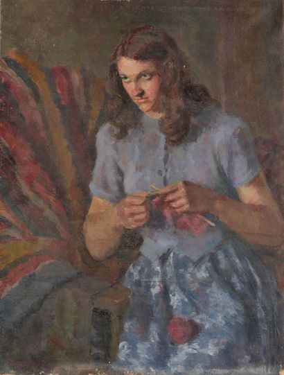 Patricia Preece (1900-1971) 
Jeune fille à la robe bleue tricotant
Huile sur toile...