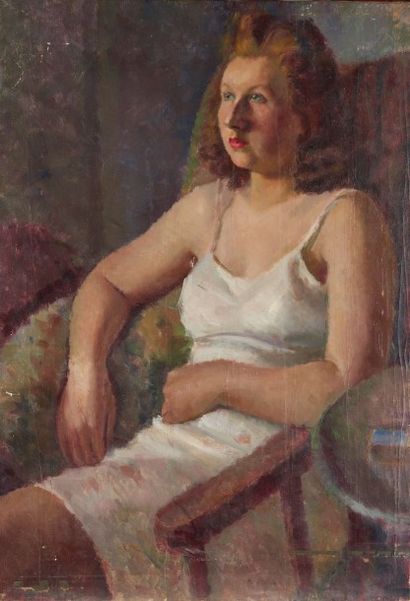 Patricia Preece (1900-1971) 
Girl seated
Huile sur toile, titrée au dos.
66 x 46...