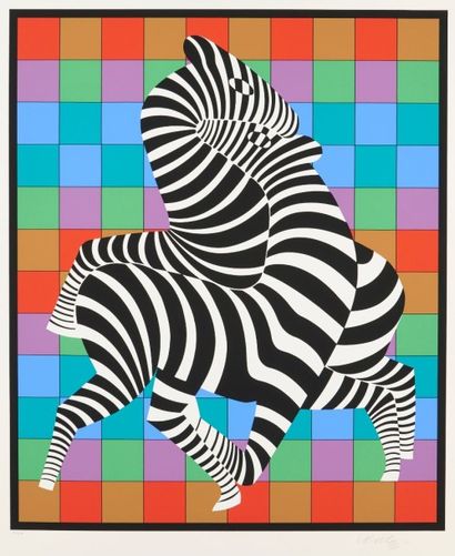 Victor VASARELY (1906-1997) 
Zèbres sur fond de damier multicolore
Lithographie en...