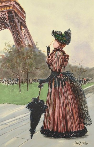 Jean BÉRAUD (1849-1935) 
Devant la Tour Eiffel, 1890
Lithographie en couleurs, signée...