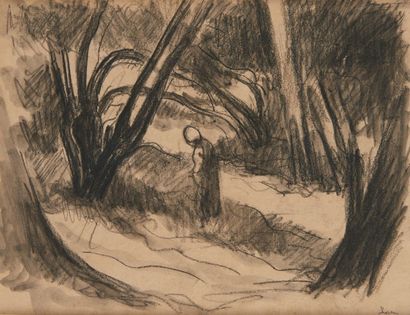 Maximilien Luce (1858-1941) 
Personnage en forêt
Fusain et lavis sur papier, signé...