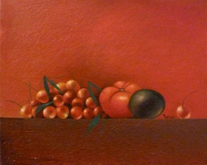 Michèle BATTUT (1946) 
Nature morte aux fruits rouges
Huile sur toile, signée à droite...