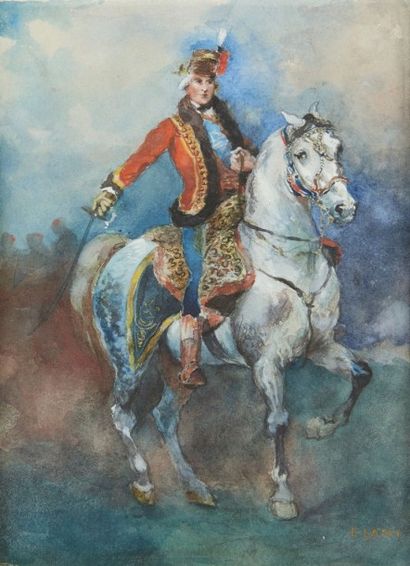 Eugène Louis LAMI (1800-1890) 
Hussard à cheval
Technique mixte sur papier, signature...