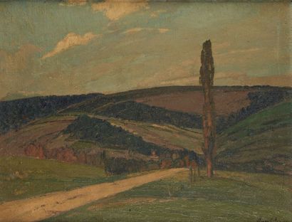 Henry GROSJEAN (1864-1948) 
Paysage au cyprès
Huile sur toile, signée en bas à droite...