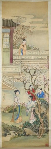 CHINE - Fin XIXe siècle 
Encre polychrome sur soie, lettré sur une terrasse, deux...