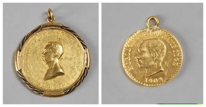 CAMBODGE - XXe siècle 
Pièce de monnaie en or de 18 carats, Sisowath I.
1904-1927.
Diam....