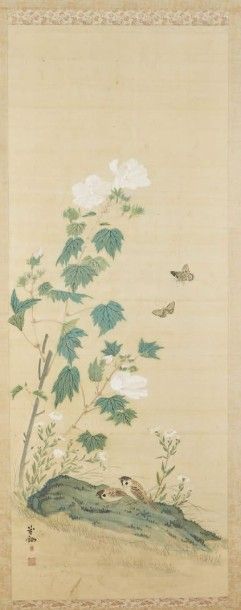 JAPON - Epoque MEIJI (1868-1912) 
Encre polychrome sur soie, couple de moineaux sous...