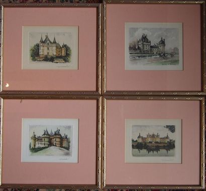 null QUATRE PIECES ENCADREES:
Gravure en couleurs des Châteaux de Chaumont, Chambord,...