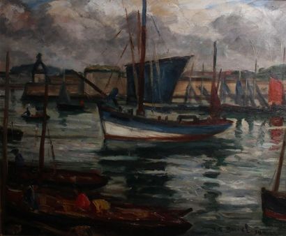 Henri Emile BUREL (1870-1876) Vue de port
Huile sur toile signée et datée 34 en bas...