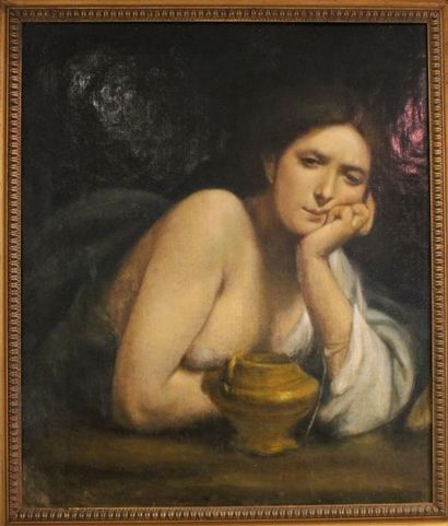 Ecole du XXème siècle Jeune femme pensive accoudée à une table
Huile sur toile rentoilée
69,5...