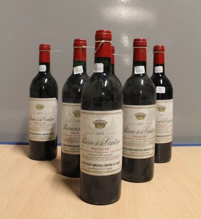 null 6 bouteilles "Réserve de la Comtesse" 1985- Pauillac. Bas goulot, haute épa...