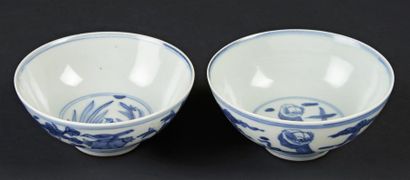CHINE Deux bols en porcelaine à décor en bleu sous couverte de Chinois, emblèmes...