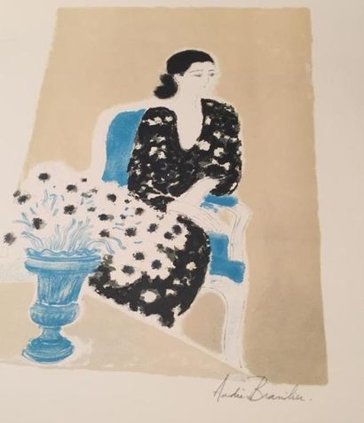 ANDRÉ BRASILIER (1929) 
Femme assise au bouquet de fleurs lithographie en couleurs,...