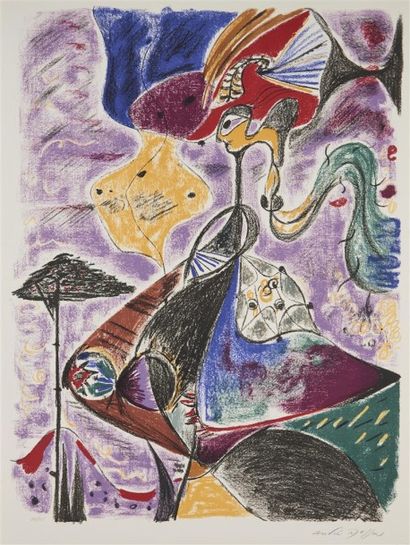 André MASSON (1896-1987) 
Sans titre lithographie en couleurs, signée en bas à droite,...