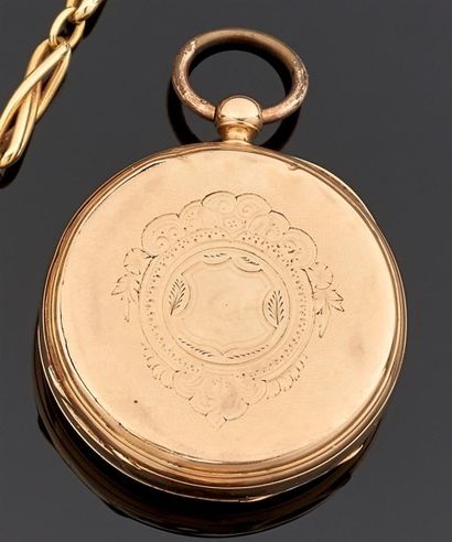 null MONTRE DE POCHE en or jaune 750°/oo. Le fond gravé et guilloché, le cadran émaillé...