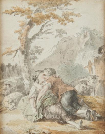 Attribué à Jean Baptiste HUET (1745 ? 1811) Couple de bergers
Plume et encre noire,...
