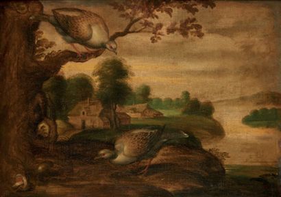 Attribué à Carstian LUYCKX (1623 – 1657) Poules et oiseau dans un paysage
Poules...