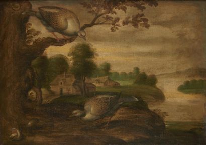 Attribué à Carstian LUYCKX (1623 – 1657) Poules et oiseau dans un paysage
Poules...