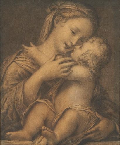 ÉCOLE BOLONAISE DU XVIIÈME SIÈCLE Vierge à l'Enfant
Pierre noire sur parchemin.
20,5...