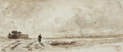 Paul HUET (Paris 1803 - 1869) Une femme dans la lande Plume et encre brune, lavis...