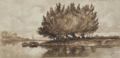 Paul HUET (Paris 1803 - 1869) Bord de rivière aux barques
Plume et encre brune, lavis...