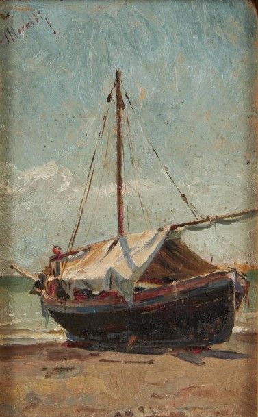 MORALDI (Actif au XIXème siècle) Bateau de pêcheur
Panneau 13,5 x 8,5 cm
Signé en...