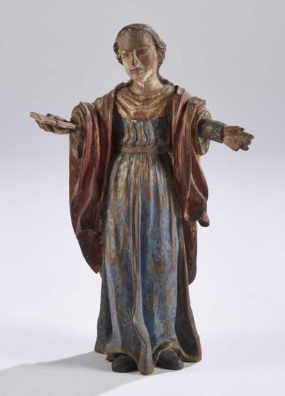 null FIGURE de sainte en
bois peint, les bras écartés.
XVIIIe siècle
H : 41 cm 
Restaurations...